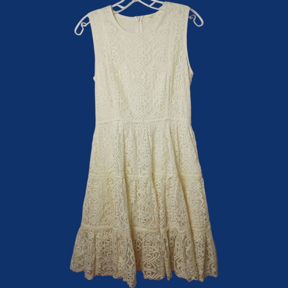 Hazel Sleeveless Lace Dress W/ Tiered Skirt & Back Zipper Ivory Small - Picture 2 of 13